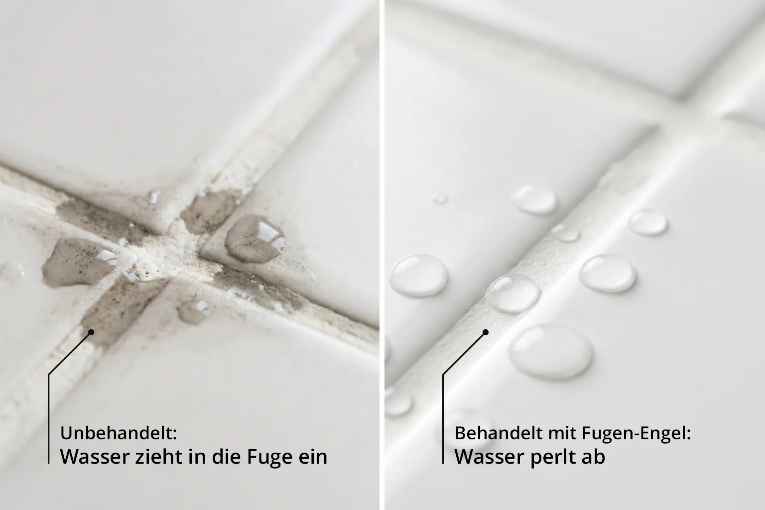 Vergleichsbild versiegelte und unversiegelte Fuge - Wasser perlt ab und Wasser dringt ein.